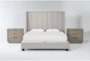 Topanga Grey California King Velvet Upholstered 3 Piece Bedroom Set With 2 Pierce Natural II 3-Drawer Nightstands - Signature