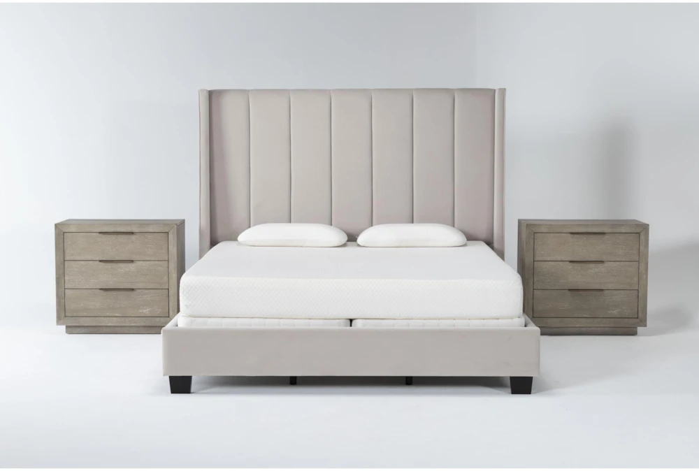 Topanga Grey California King Velvet Upholstered 3 Piece Bedroom Set With 2 Pierce Natural II 3-Drawer Nightstands