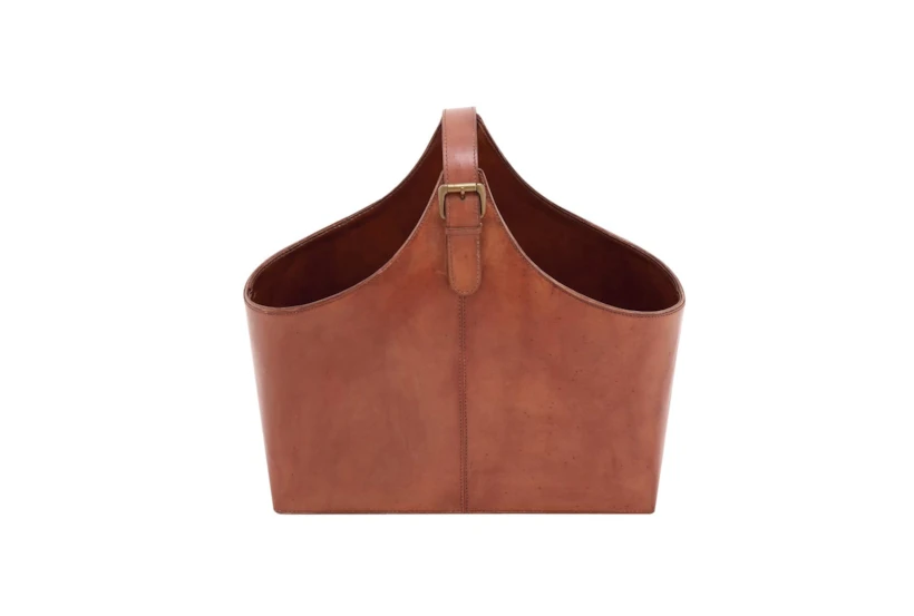 14" Chestnut Brown Genuine Leather Magazine Holder Basket - 360