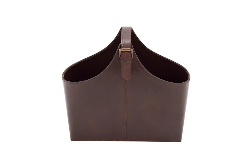 14" Dark Brown Genuine Leather Magazine Holder Basket - 360