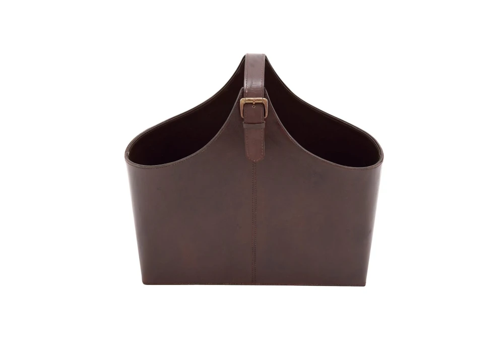 14" Dark Brown Genuine Leather Magazine Holder Basket