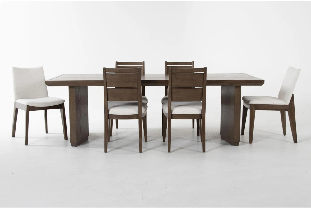 Voyage Brown 94" Trestle Dining With Wood Back + Upholstered Chair Set For 6 By Nate Berkus + Jeremiah Brent