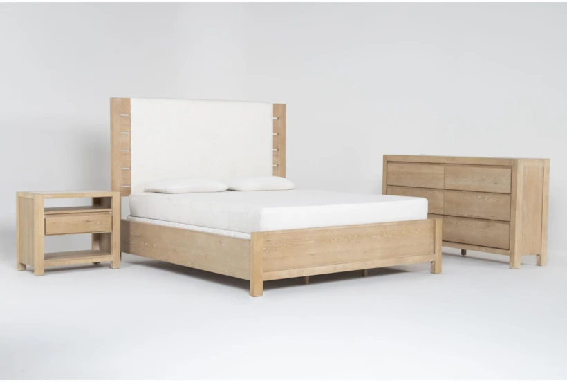 Voyage Natural King Wood & Upholstered Panel 3 Piece Bedroom Set With Dresser & 1-Drawer Nightstand By Nate Berkus + Jeremiah Brent - 360