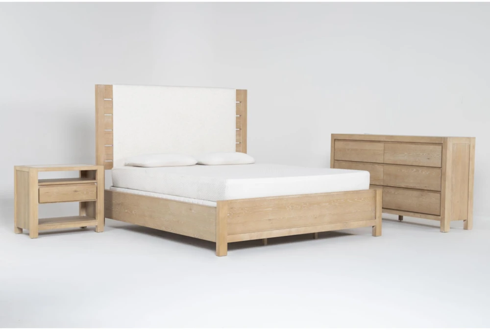 Voyage Natural King Wood & Upholstered Panel 3 Piece Bedroom Set With Dresser & 1-Drawer Nightstand By Nate Berkus + Jeremiah Brent