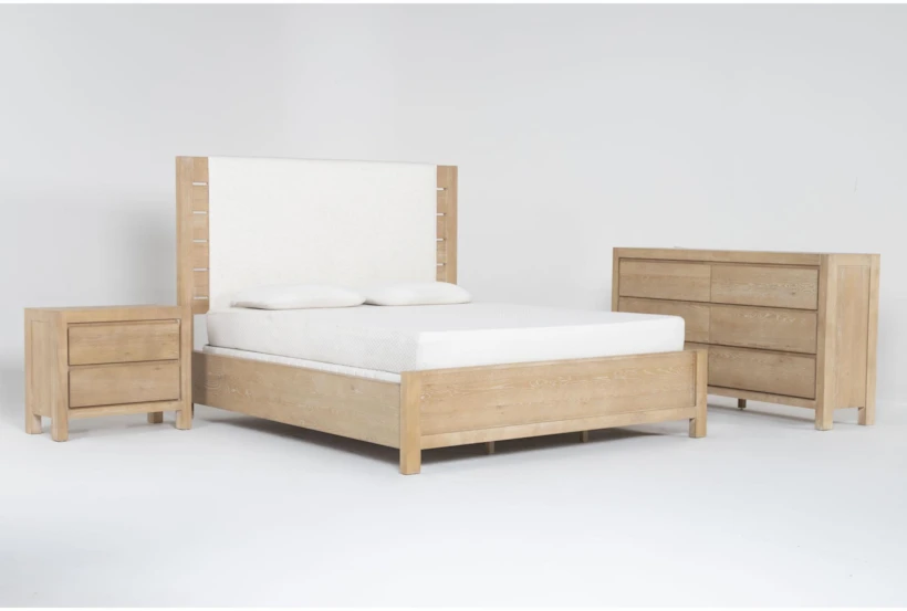 Voyage Natural King Wood & Upholstered Panel 3 Piece Bedroom Set With Dresser & 2-Drawer Nightstand By Nate Berkus + Jeremiah Brent - 360