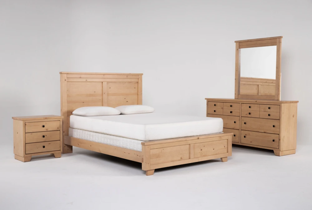 Marco Natural Queen Wood 4 Piece Bedroom Set With Dresser, Mirror & Nightstand