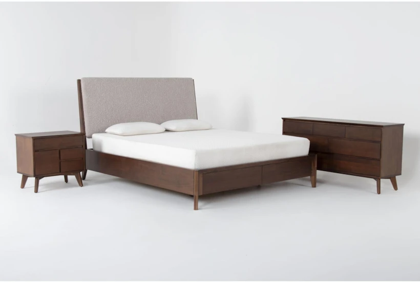 Draper California King Storage Wood & Upholstered 3 Piece Bedroom Set With Dresser & 4-Drawer Nightstand - 360