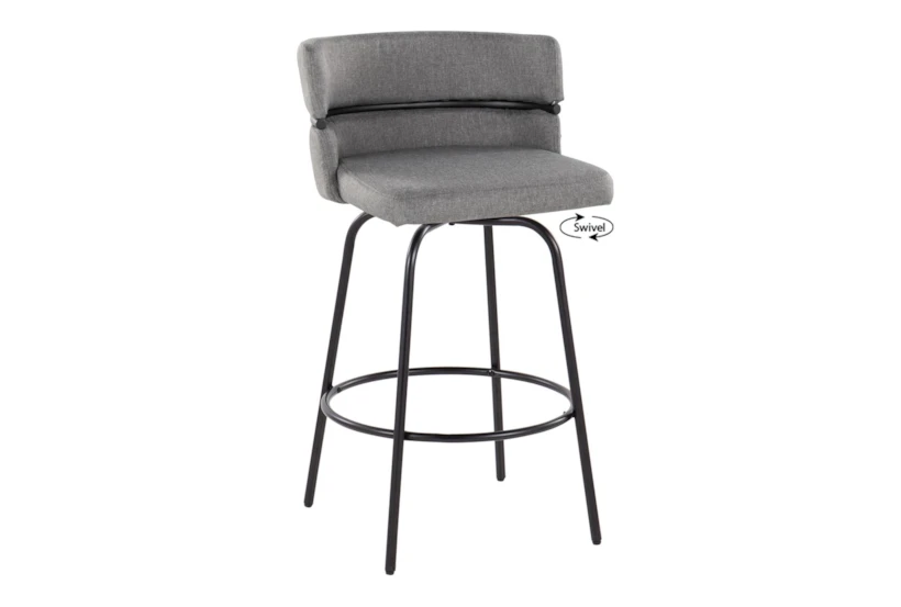 Chi 26" Counter Height Stool With Swivel In Black Metal And Light Grey Upholstered With Round Black Metal Footrest Set Of 2 - 360