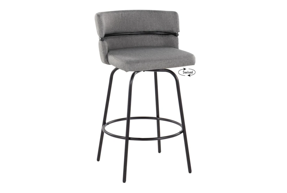 Chi 26" Counter Height Stool With Swivel In Black Metal And Light Grey Upholstered With Round Black Metal Footrest Set Of 2