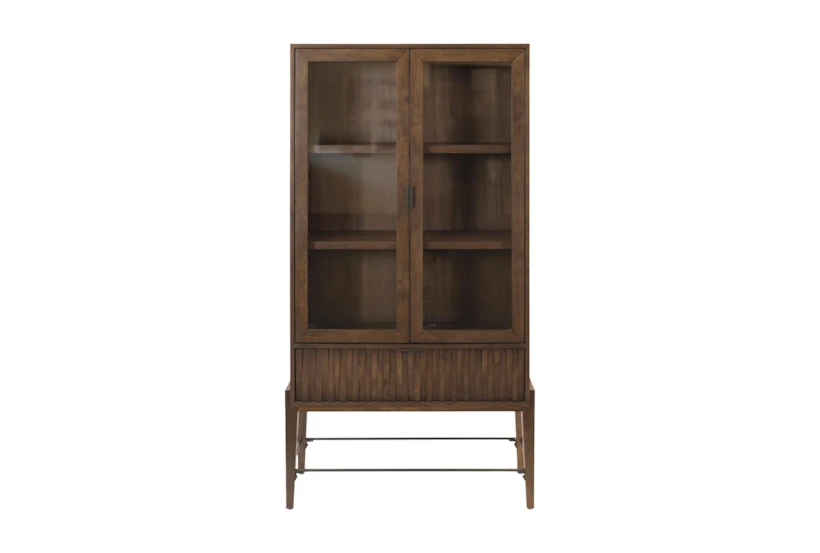 Mid Century Modern 72" Brown Wood Glass Door Bookcase Cabinet - 360