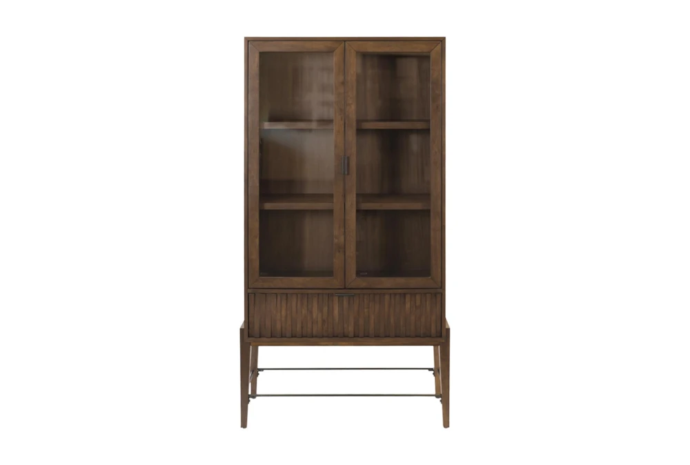 Mid Century Modern 72" Brown Wood Glass Door Bookcase Cabinet