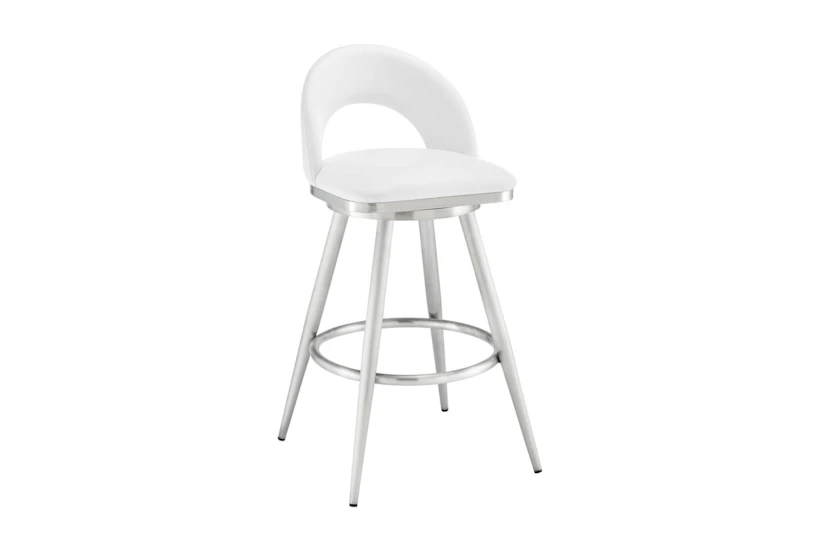 Eberle 26" Swivel Counter Stool In Brushed Stainless Steel With White Faux Leather - 360